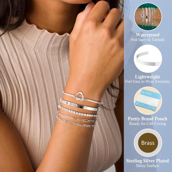 Silver-B Plated Bangle Cuff Non Tarnish Trendy Stack Bracelets for Women - Picture 3 of 6